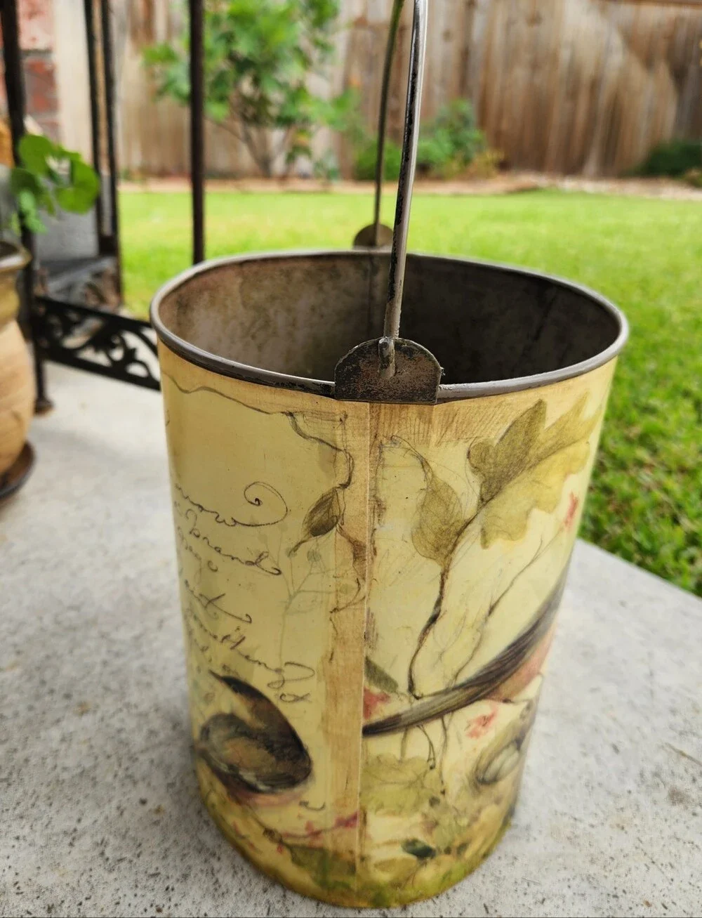 Vintage Woodland Art Print Handled Metal Pail Bucket Birds Nest w/Script Writing
